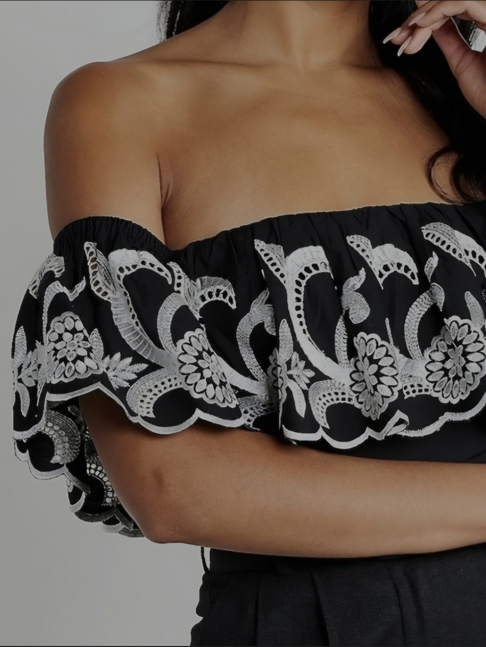 Express Black Off-Shoulder Embroidered Ruffle Crop Top - Picture 3 of 7